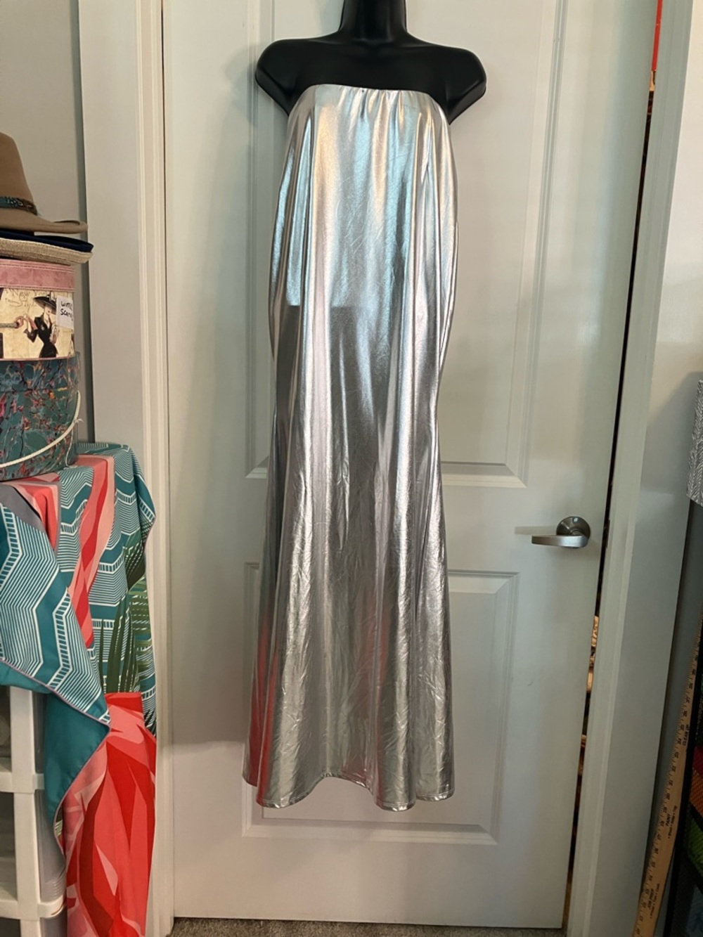 Fashion Nova Metallic Silver Strapless Maxi Dress